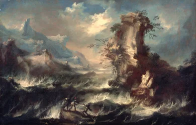 Paisaje marino italiano con rocas y figuras